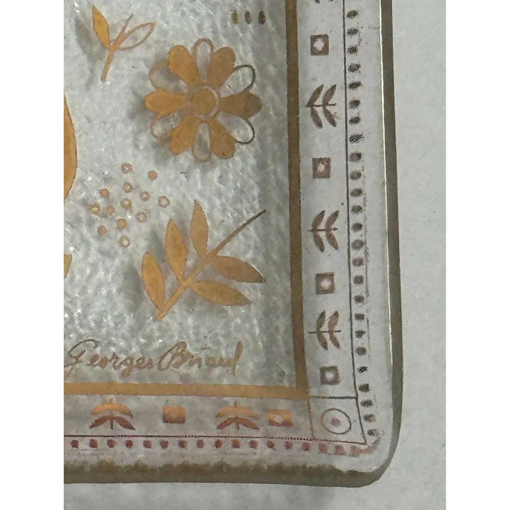 Vintage Georges Briard Gold Floral Textured Glass Square Trinket Dish Tray MCM